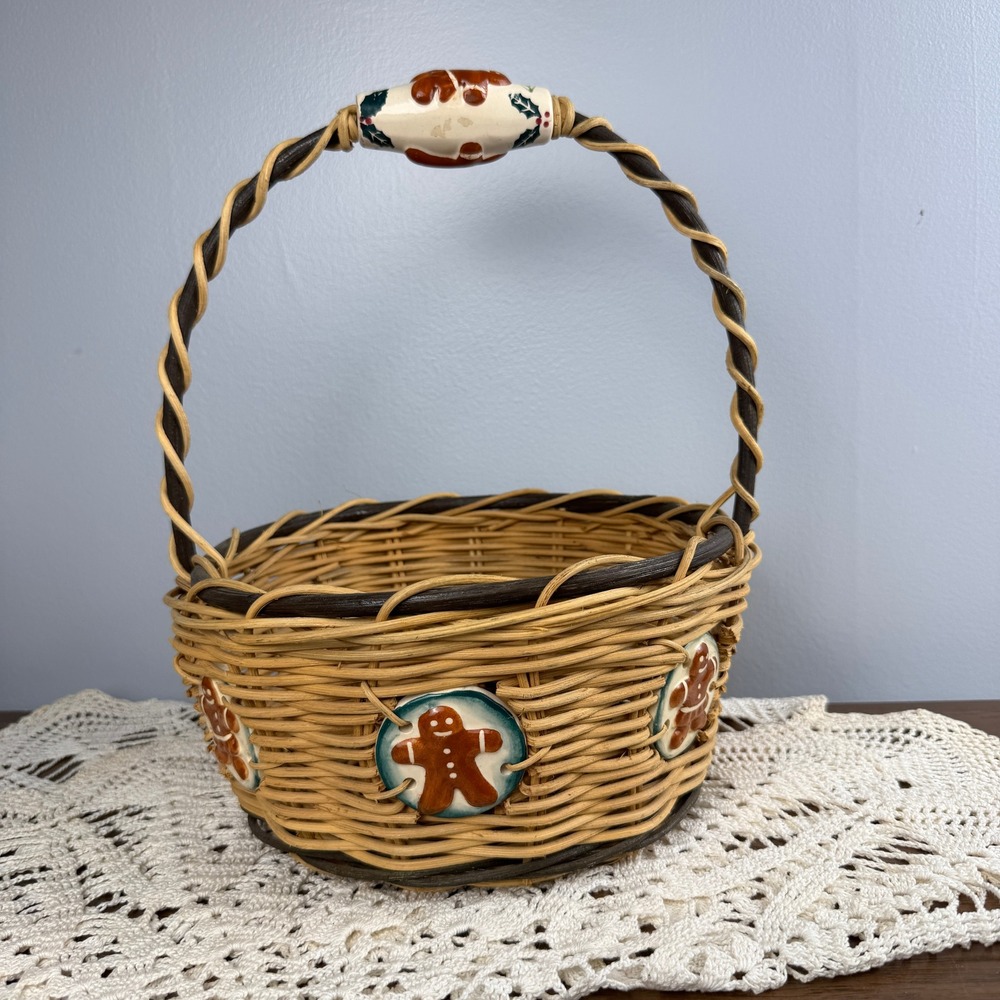 Christmas Wicker Basket Gingerbread Man Ceramic Accent Holiday Decor Cottagecore